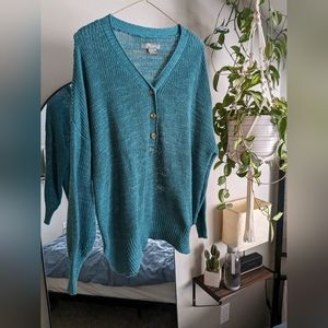 Medium teal quarter button sweater natural collections